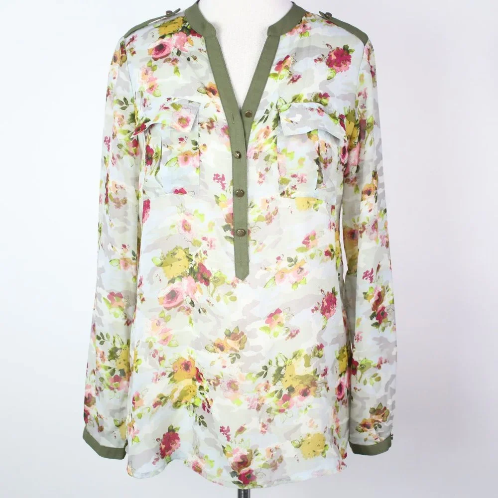 New Directions Womens Medium Floral Sheer Pocket Popover Blouse Top - Picture 1 of 6